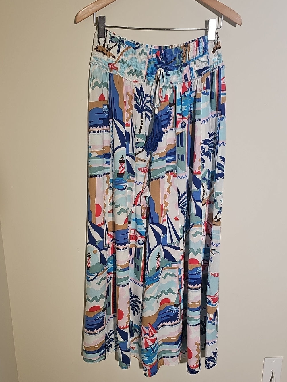 True Destinations Coastal Nautical Wide Leg Pants Womens Size L Multicolor Rayon